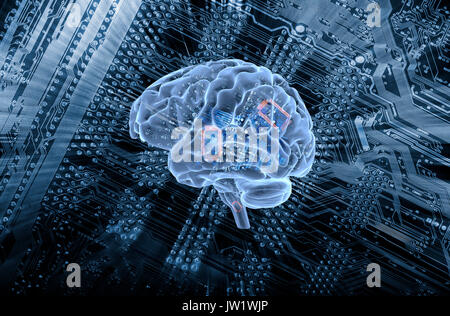 human brain communicating with a computers motherboard, artificial intelligence Stock Photo