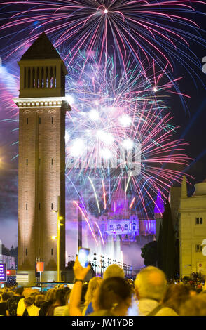 Firework  in Barcelona. Light and music show at closing ceremonies of La Merce Festival Stock Photo