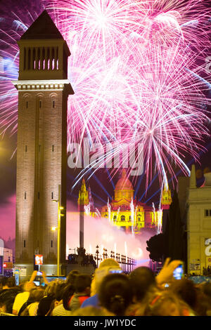 BARCELONA, SPAIN - SEPTEMBER 24, 2015: Firework  in Barcelona. Light and music show at closing ceremonies of La Merce Festival Stock Photo