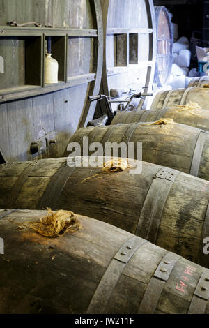 Somerset Cider Brandy, Somerset, UK.  Old cider barrels in the barn Stock Photo