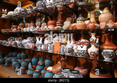 Shelves with hand made by native american navajo tribe souvenirs at historic trading post. Native american craft and culture background. Grand Canyon,
