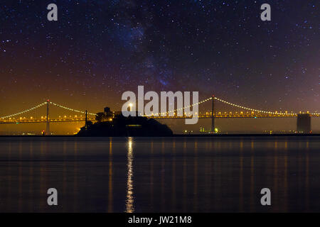 Alcatraz Island in San Francisco California under the Stars at night Stock Photo