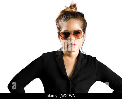 asian woman with red lips and sunglasses isolated on white Stock Photo