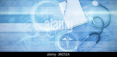 Digital composite image of DNA helix against stethoscope with pen and notepad Stock Photo