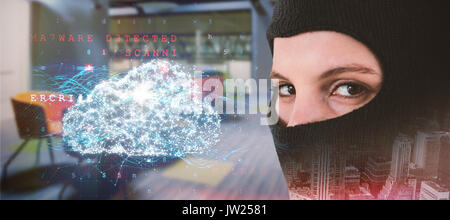 Portrait of female hacker wearing balaclava against cloud and malware detected on binary background Stock Photo