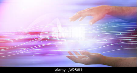 Cropped hands of man gesturing against blue lines on black background Stock Photo