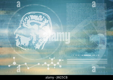 Digitally image of DNA helix and brain interface against clouds and binary coded computer screen Stock Photo