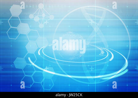 Image of DNA helix and molecules interface against composite image of abstract backgrounds Stock Photo