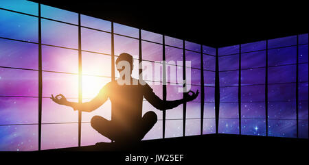 Zen businessman meditating in yoga pose against view of empty space Zen businessman meditating in yoga pose on white background Stock Photo