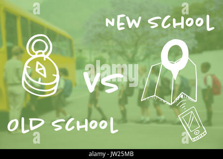 Digital composite image of compass with text against green background Stock Photo
