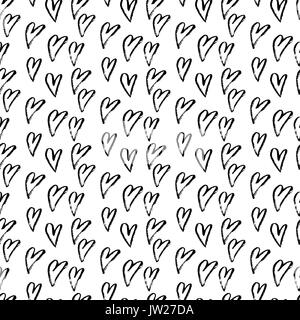 Abstract seamless hearts pattern. Ink grunge illustration. Black and white background. Stock Vector