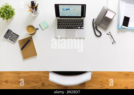 laptop, phone and other office stuff on table Stock Photo
