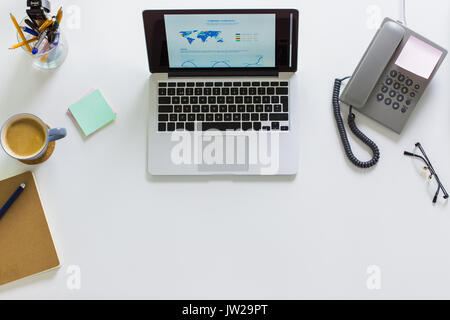 laptop, phone and other office stuff on table Stock Photo