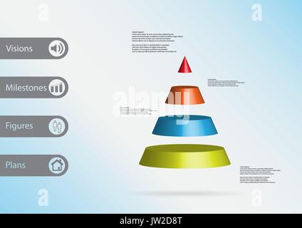 3D illustration infographic template with motif of cone triangle horizontally divided to four color slices with simple sign and sample text on side in Stock Vector