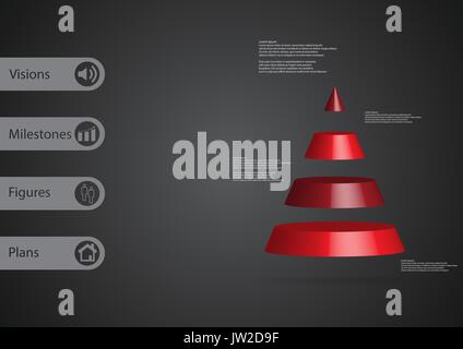 3D illustration infographic template with motif of cone triangle horizontally divided to four red slices with simple sign and sample text on side in b Stock Vector