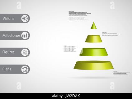 3D illustration infographic template with motif of cone triangle horizontally divided to four green slices with simple sign and sample text on side in Stock Vector
