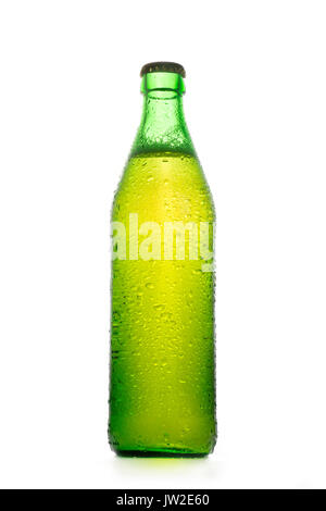 Simple green beer bottle with water drops. Isolated on white Stock Photo