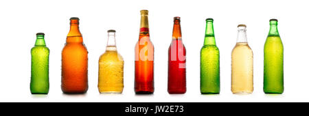 Different beer bottles with water drops collection. Isolated on white Stock Photo