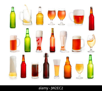 Beer large thematic collection. Different types of beer in glasses and bottles isolated on white Stock Photo