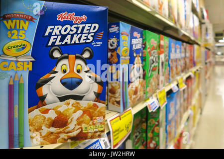 Cereal Aisle in Gristedes Grocery Store, NYC, USA Stock Photo