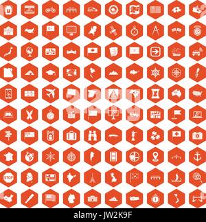 100 cartography icons hexagon orange Stock Vector