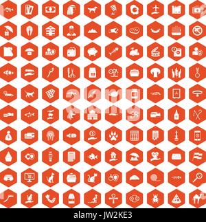 100 cat icons hexagon orange Stock Vector
