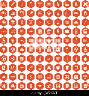 100 chemistry icons hexagon orange Stock Vector
