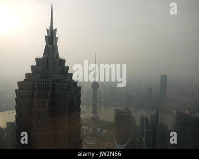 Pollution of air is highly visible from Buildings of Pudong in Shanghai