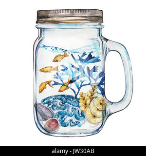 Isoleted Tumbler with Marine Life Landscape. Aquarium concept for posters, T-shirts, labels, websites, postcards Stock Photo