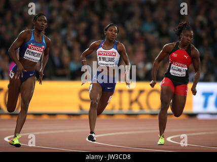 USA's Kimberly Duncan (left), Great Britain's Bianca Williams (centre) and Trinidad and Tobago's Semoy Hackett in action during the Women's 200m semi-final two during day seven of the 2017 IAAF World Championships at the London Stadium. Stock Photo