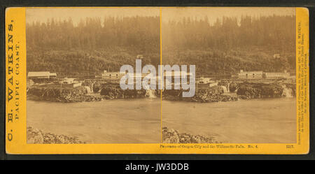 Panorama of Oregon City and the Willamette falls, by Watkins, Carleton E , 1829 1916 Stock Photo