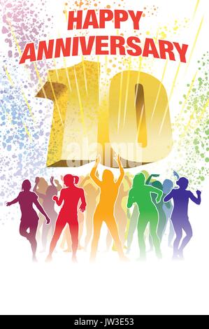 Colorful crowd of dancing people celebrating tenth anniversary Stock Vector