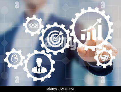 Business process management and workflow automation diagram with gears and icons with flowchart in background. Manager touching interface Stock Photo