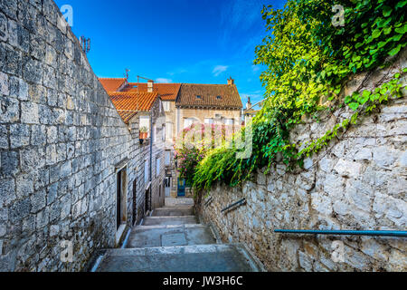 Old stone architecture (narrow hidden streets) in Dalmatia region, Croatia. Stock Photo