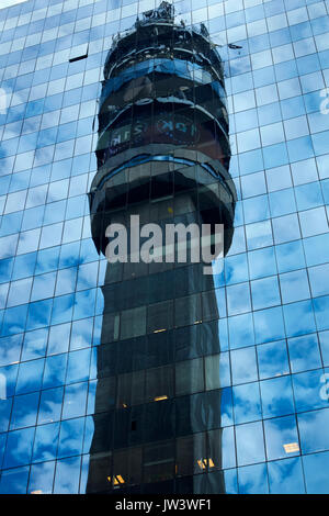 Entel Communications Tower reflected in modern glass building, Santiago, Chile, South America Stock Photo
