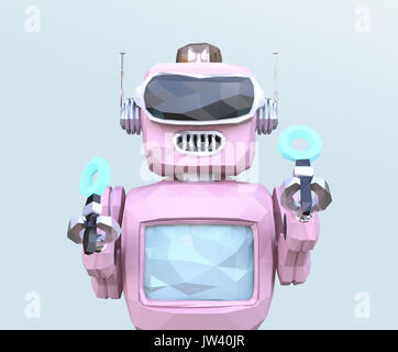 Close up of low poly retro robot wearing VR headset on light blue background. 3D rendering image.
