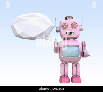 Low poly retro robot and white bubble isolated on light blue  background. 3D rendering image. Stock Photo