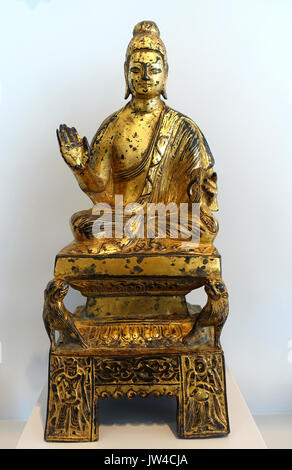 Shakyamuni Buddha Seated on a Lion Throne, China, Northern Wei dynasty, 484 AD, gilt bronze   Arthur M  Sackler Museum, Harvard University   DSC00854 Stock Photo