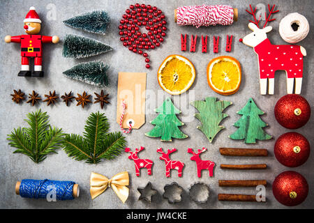 Vintage items related to childhood Christmas, flat lay Stock Photo