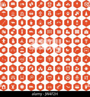 100 childhood icons hexagon orange Stock Vector