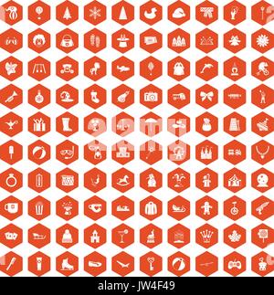 100 children icons hexagon orange Stock Vector