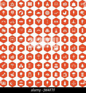 100 childrens park icons hexagon orange Stock Vector