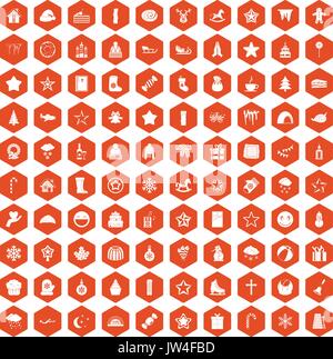 100 christmas icons hexagon orange Stock Vector