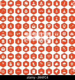 100 church icons hexagon orange Stock Vector