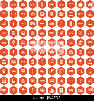 100 city icons hexagon orange Stock Vector