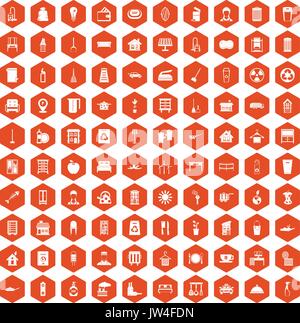 100 cleaning icons hexagon orange Stock Vector