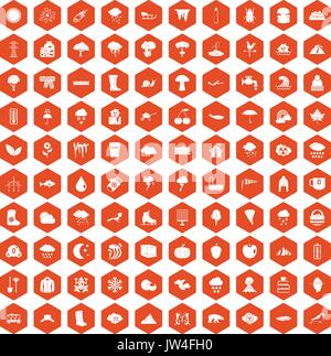 100 clouds icons hexagon orange Stock Vector