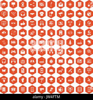 100 communication icons hexagon orange Stock Vector