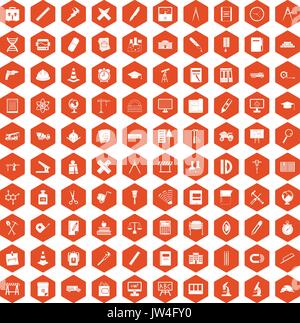 100 compass icons hexagon orange Stock Vector