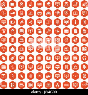 100 computer icons hexagon orange Stock Vector